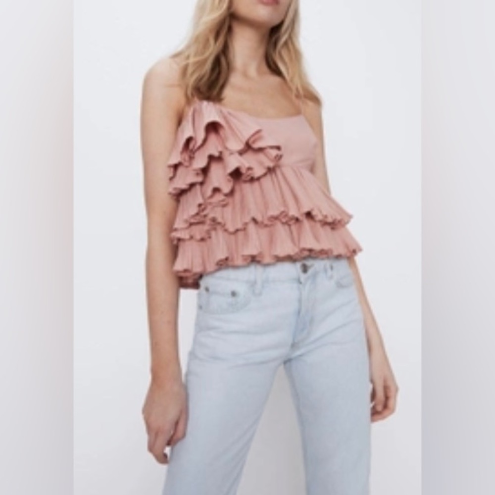 Zara XS Asymmetric Layered Pleated Ruffle Sleeveless Blouse Dusty Pink
